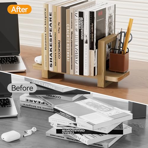 Adjustable Desktop Bookshelf, Wooden Tabletop Bookshelf, Small Desk Shelf for Home, Living Room, Class, Dorm - color: Natural Wood