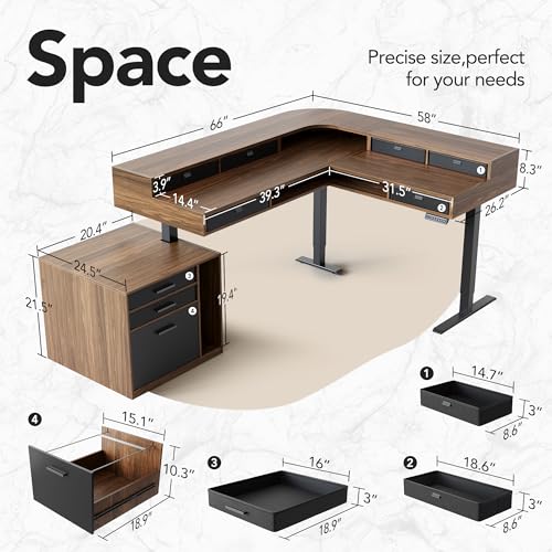 HUANUO 85" Electric L Shaped Standing Desk with File Cabinet, Walnut | 65"x58" 2-Tier L-Desk,File Cabinet, 6 Drawers,220lbs Carbon Steel,4 Memory Presets, 27.6"-46.5" Adjustable Height - color: Walnut, size: 6 Drawers+File Cabinet