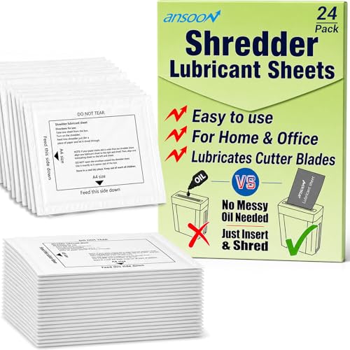 24 Pack Paper Shredder Lubricant Sheets for Heavy Duty Shredders | Reduce Jams/Static, Paper Shredder Sharpening & Lubricating Oil Sheets Used for Microcut/CrossCut Home Office Paper Shredders - size: 24PCS