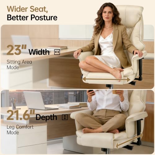 Big and Tall Office Chair - Executive High Back Leather Office Desk Chair with Adjustable Lumbar Support - Ergonomic Comfortable Heavy Duty Computer Gaming Chair with Padded Arms & Wide Seat - color: Beige