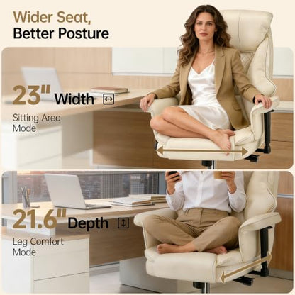 Big and Tall Office Chair - Executive High Back Leather Office Desk Chair with Adjustable Lumbar Support - Ergonomic Comfortable Heavy Duty Computer Gaming Chair with Padded Arms & Wide Seat - color: Beige