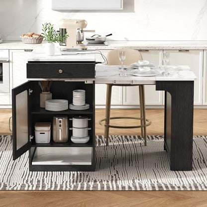 59.5 Inch Kitchen Island with Extendable Dining Table, Black | Black finish, MDF and particle board, kitchen or dining room, extendable table, 2 drawers, glass door, outlet, 59.5 in L - color: Black + Faux Marble Table + Particle Board+mdf