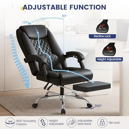 Shahoo Big and Tall Office Chair Height Adjustable Faux Leather Chair with Footrest and Lumbar Support, Ergonomic High Back Computer Chair with 360° Swivel Wheels Task Chairs for Office Home, Black
