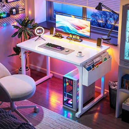 DurayLoly 32" Gaming Desk with Waterproof LED Lights for Bedroom,White - color: White, size: 32 IN