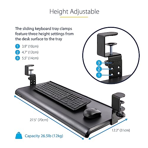 StarTech Under-Desk Keyboard Tray, TAA (Keyboard-Tray-CLAMP1) | Clamp-on Ergonomic Keyboard Holder, Up to 12kg (26.5lb), Sliding Keyboard and Mouse Drawer with C-Clamps, Height Adjustable