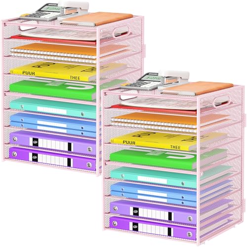 Cawukege 9 Tier Paper Organizer with Handle, Large Capacity Desk Organizer Mesh Paper Letter Tray File Folder Document Sorter for Classroom and Office Accessories Organization- Pink (2 Pack) - color: 2 Pack - Pink