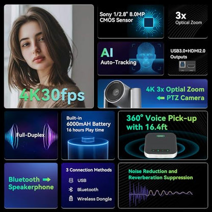 4K Conference Room Camera System, AI Auto-Tracking 4K PTZ Camera 3x Optical Zoom 92° Wide-Angle and Bluetooth Speakerphone 16.4FT Voice Pickup for Conferencing Worship Church Education Medical - color: Grey