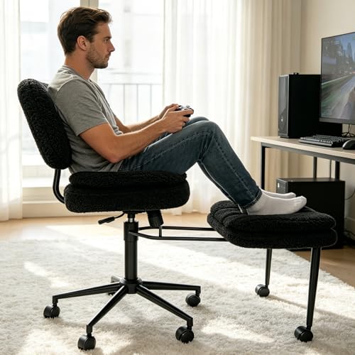 Ergonomic Cross Legged Office Chair with Footrest, 360° Swivel Height Adjustable Faux Shearling Criss Cross Chair, Wide Seat & Back Support for Home Office, ADHD, Black - color: Wool Black