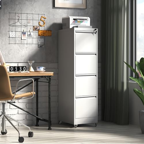 IKIMI 4 Drawer Mobile File Cabinet with Lock,White Metal Filing Cabinets - color: White, size: 4 Drawers with Wheels