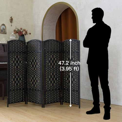 Compact 4 Panel Short Room Divider, 47.2 Inch Tall Double-Sided Rattan Folding Screen for Home & Office,Black - color: Black, size: 4 Panel