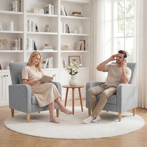 COLAMY Mid-Century Modern Accent Chair, Fabric Upholstered Living Room Chair with Back Pillow & Solid Wood Legs, Comfy Armchair for Living Room, Bedroom, Single Sofa, Grey - color: Grey, size: Set of 1