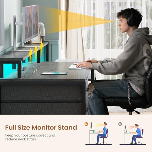 SEDETA 66'' Computer Desk with 5 Drawer, Power Outlet for Home Office - color: Grey, size: 67X18.5inch