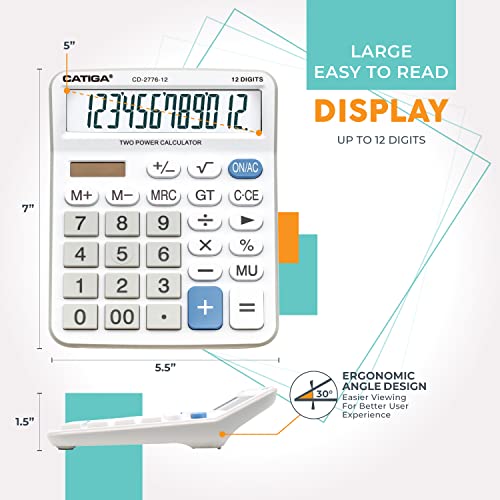 Premium Commercial 12-Digit Large Desktop Calculator with Huge 5-Inch LCD Display Screen, Giant Responsive Buttons, Battery and Solar Powered, Perfect for Home/Office Accounting Finance Use, CD-2776 - color: White (Commercial)