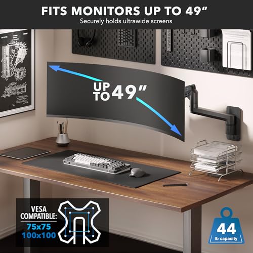 Mount-It! Heavy-Duty Wall Mount Arm for 49" Curved Monitors | Gas spring full motion arm, 23.5" reach, holds 44 lbs, VESA 75/100, single-stud install.