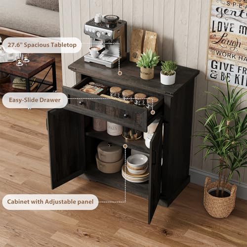 Coffee Bar Cabinet, 27.6" W Farmhouse Buffet Cabinet with Door & Drawer, Kitchen Cabinet with Adjustable Shelf for Hallway, Living Room, Dinning Room (Black) - color: Black