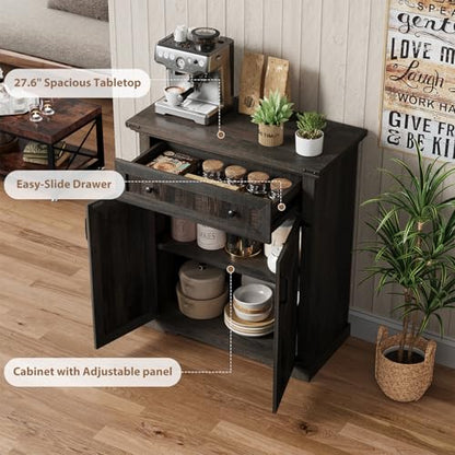 Coffee Bar Cabinet, 27.6" W Farmhouse Buffet Cabinet with Door & Drawer, Kitchen Cabinet with Adjustable Shelf for Hallway, Living Room, Dinning Room (Black) - color: Black