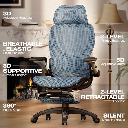 ELABEST X100 Ergonomic Mesh Office Chair with Footrest, Big and Tall Home Desk Chair with 5D Flip-Up Arms, Adjustable 3D Lumbar Support, Gaming & Executive Computer Chair (Oaxaca Blue) - color: Oaxaca Blue