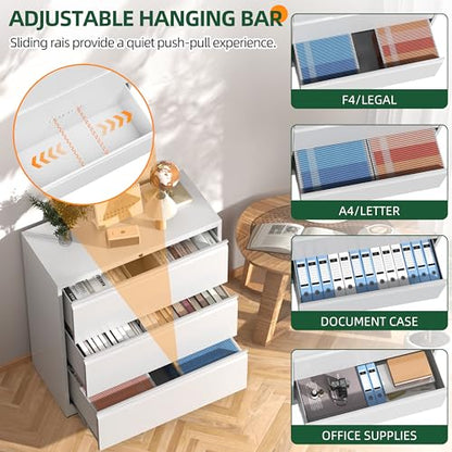 Lateral File Cabinet 3 Drawer, Metal File Cabinet with Lock - color: White, size: 3 Drawer - Lateral