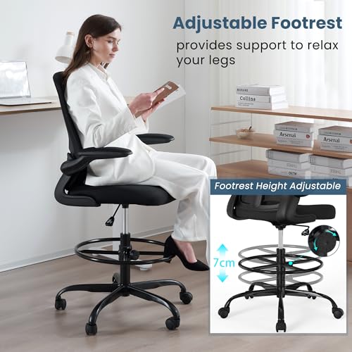 Drafting Chair, Tall Office Chair with Flip-up Armrests Executive Ergonomic Computer Standing Desk Chair, Office Drafting Chair with Lumbar Support and Adjustable Footrest Ring - color: Black