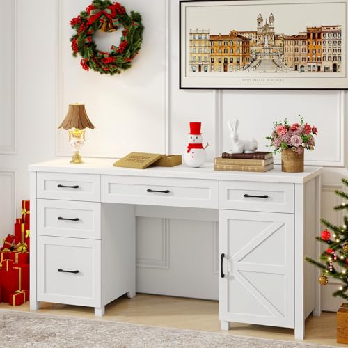 Vabches Farmhouse 61'' Executive Desk with 5 Drawers,White - color: Cream White, size: 61" W