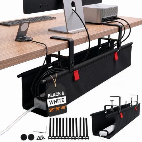 Under Desk Cable Management Tray 28" — No Drill Clamp-On Cord Organizer for Desk with Built-in Ties, Heavy Duty Metal Clamp, Foldable 600D Oxford Fabric for Home Office, WFH & Gaming PC Setup (Black) - color: Black, size: 28 x 5,2 x 5,3