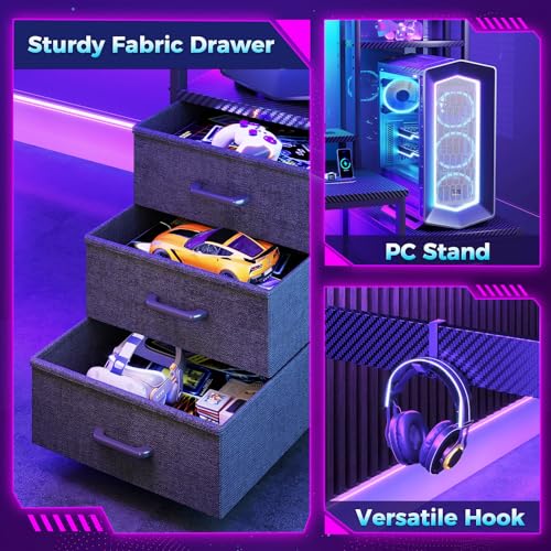 Casaottima 48 Inch Gaming Desk with Shelves & Hutch & 3 Drawers & LED Light | Reversible PC Desk with Tower Stand & Power Outlets, Computer Desk for Home Office, Carbon Fiber Black - size: 48 inch