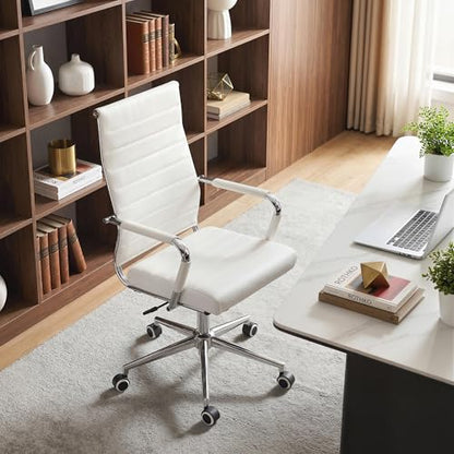 Okeysen White Office Desk Chair, Ergonomic Leather Modern Conference Room Chairs, Executive Ribbed Height Adjustable Swivel Rolling Chair for Home Office. - color: White