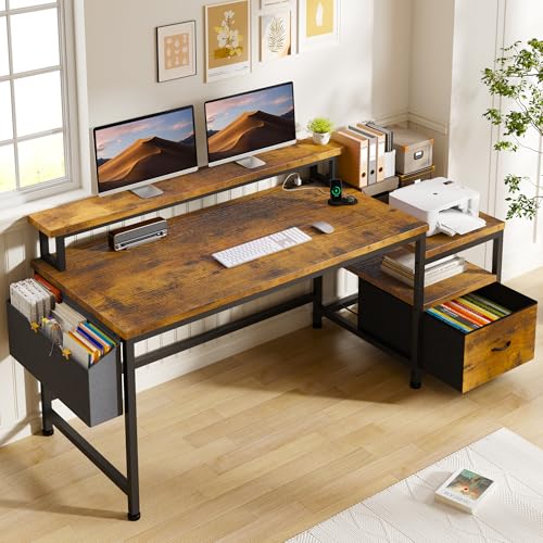 EnHomee 56.5" Office Desk with Drawers & Printer Space for Home Work,Brown - color: Rustic Brown, size: 56.5 IN