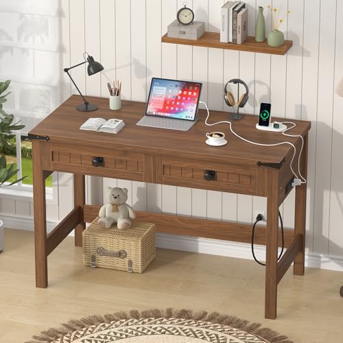 39 Inch Farmhouse Small Computer Desk with Drawers for Bedroom, Home Office - color: Brown