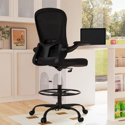 Drafting Chair, Tall Office Chair with Flip-up Armrests Executive Ergonomic Computer Standing Desk Chair, Office Drafting Chair with Lumbar Support and Adjustable Footrest Ring - color: Black