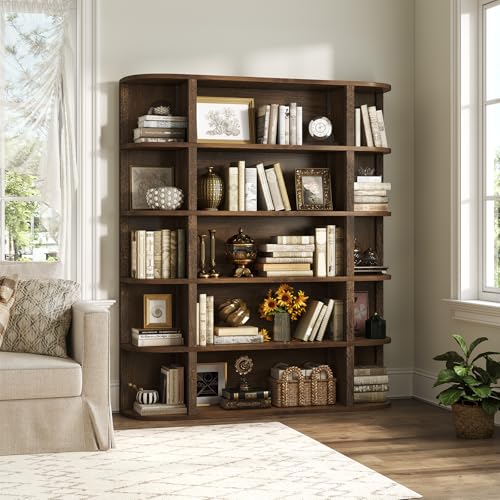 TVU 5-Tier Wood Book Shelf, 47" Wide Large Bookshelf and Bookcase, 62" Tall Bookshelf with Curved Side Shelves, Freestanding Wood Display Book Shelves for Living Room, Home Office, Walnut
