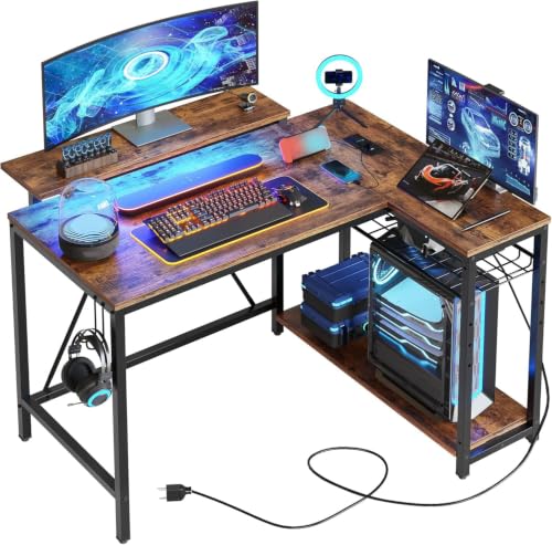 Bestier 42-Inch L-Shaped Gaming Desk with Charging & LED, Rustic Brown | Charging 2AC+USB+Type-C, RGB LED 7 Colors/20 Modes, Reversible Storage Shelves, 3D Carbon Fiber, Headphone Hook, Small Space - color: Rustic, size: 42 Inch