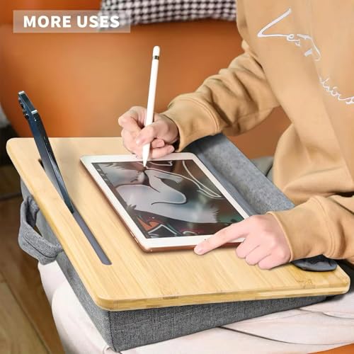 Bamboo Lap Desk for Laptop with Cushion Tablet Phone Holder Handle - size: 16.5"x13.4" Fixed