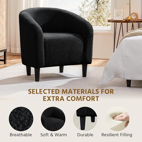 Yaheetech Sherpa Accent Chairs, Compact Furry Barrel Chairs with a Curved Silhouette for Small Spaces, Living Room, Bedroom, Black - color: Black (Boucle), style: without Ottoman
