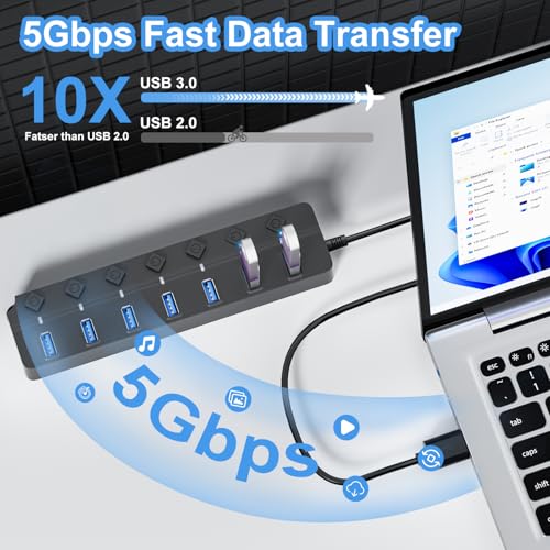 USB Hub 7 Port, USB Splitter with Individual On/Off Switches and Lights - color: Gray