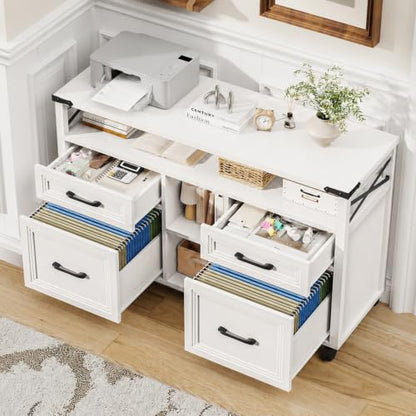 Halitaa Farmhouse Filing Cabinet with Adjustable Shelf & Wheels, White - color: Cream White, size: 4 Drawers&Wheels