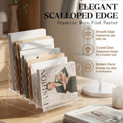 AmazingSpark Acrylic File Organizer for Desk, 5-Slot Acrylic File Sorter with Scalloped Edge, Clear Desktop Holder for Folders, Documents, Notebooks, Clipboards and Mail for Home, Office and School