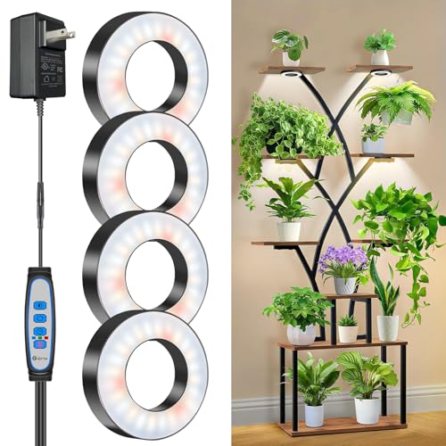 Wiaxulay Grow Lights for Indoor Plants, 192 LED Full Spectrum Plant Lights for Indoor Growing, 12V/2A Under Cabinet Grow Lamp with Auto Timer 6/12/16 Hrs, 3 Lighting Mode, 5 Brightness, Four Head - color: Black, size: 3.5in-4 Heads
