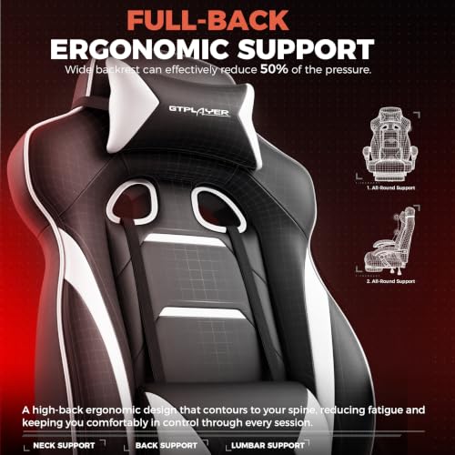 GTPLAYER Gaming Chair with Footrest, 350LBS Big and Tall Office Chair, Ergonomic High Back Lumbar Support and Recliner for Back Pain Relief, White - color: White