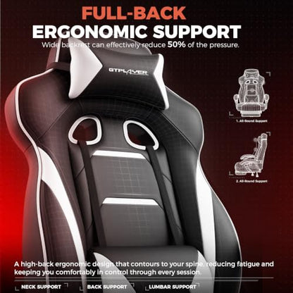 GTPLAYER Gaming Chair with Footrest, 350LBS Big and Tall Office Chair, Ergonomic High Back Lumbar Support and Recliner for Back Pain Relief, White - color: White