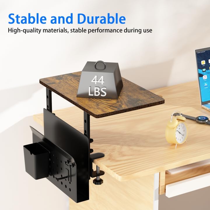 Desk Extender, Clamp On Desk Shelf Organizer, with Side Storage Steel Frame & 15 inch Wood Desktop Supplies Rack Clamp Mount Table Hanging Storage for Home Office Fits Flat Edge Tables 0.3" to 2.3"