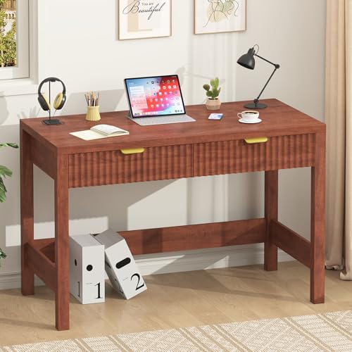 39 Inch Small Fluted Computer Desk with 2 Drawers for Bedroom, Home Office - color: Red Walnut, size: 39 Inch Desk