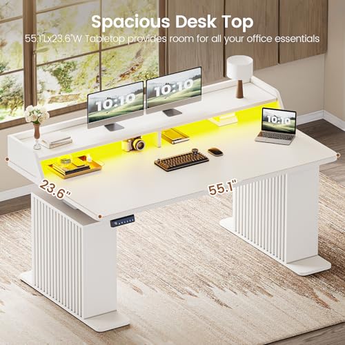 SEDETA Standing Desk with Storage, 55" Fluted Stand Up Desk with Power Outlets & LED Lights, Height Adjustable Table with Monitor Shelf for Home Office, Gaming, White - color: White