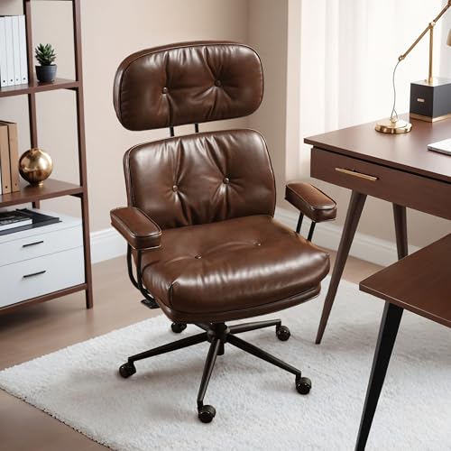 HOOOWOOO Mid Century Modern Ergonomic Office Chair, Comfy Executive Chair with Extra Wide Tufted Cloudy Seat, Lumbar Support, High Reclining Back, PU Leather Dark Brown - color: Pu Leather Dark Brown-cloudy Seat, size: High Back