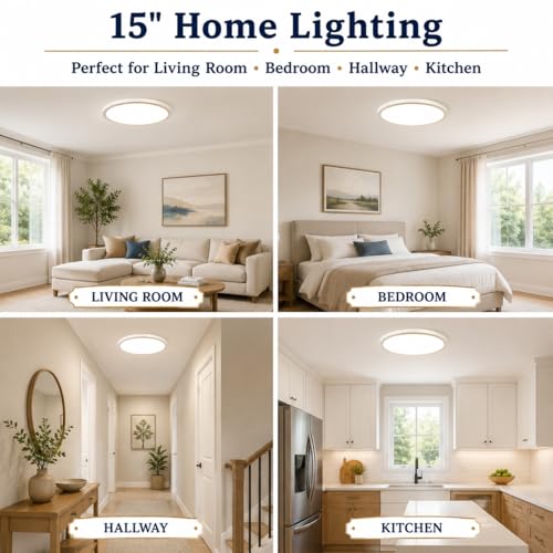 KSANA 15 Inch LED Flush Mount Ceiling Light, 5 CCT Selectable Ultra-Slim Round Flat Panel Light, Triac Dimmable 5%-100%, 36W 3200LM Ceiling Light Fixture for Kitchen, Bedroom, Hallway, Office - size: 15 Inch