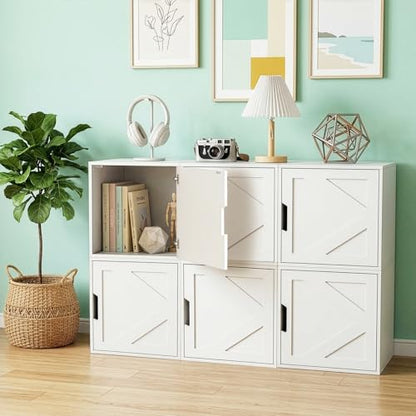 Fasmov Stackable Cube Storage Organizer, Multifunctional Wood Cubby Bookshelf with Door, Easy Assembly DIY Storage Bin, Durable Classic Storage Unit for Bedroom Living Room Office, White