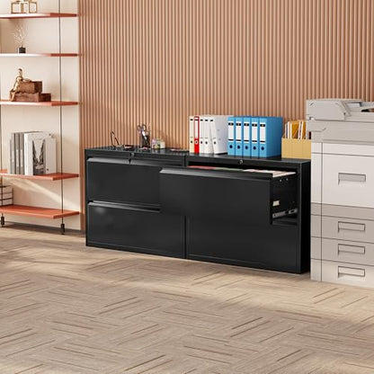 Lateral File Cabinet 2 Drawer, Black Metal File Cabinets for Home Office, Locking File Cabinet for Letter/Legal/F4/A4 Size Hanging Files, Easy Assembly