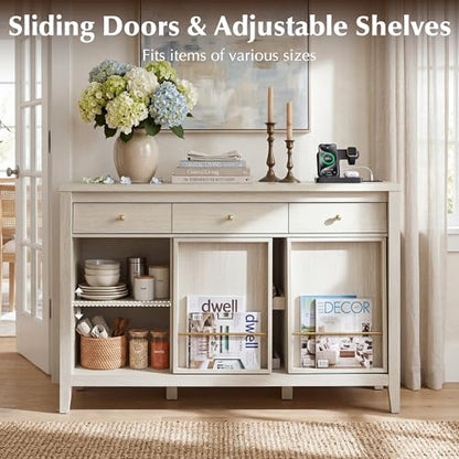 Buffet Cabinet with Storage, Modern Sideboard Cabinet with 3 Drawers, 2 Sliding Doors & Pull-Out Shelf, Coffee Bar Cabinet with Charging Station, Beige
