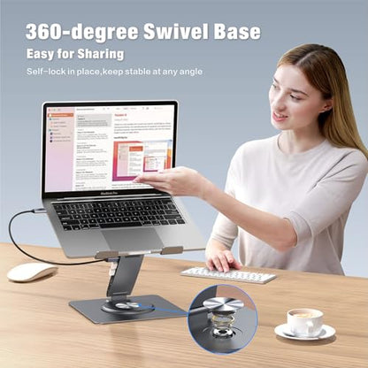 Adjustable Laptop Stand for Desk with Docking Station 9-in-1, Aluminum Laptop Riser with USB Hub, 360° Swivel, Dual Display 4K60Hz HDMI, 3 USB3.0, 100W PD Charging, for MacBook Pro Air/Dell/HP 7-15.6" - size: 9-in-1 Hub Laptop Stand