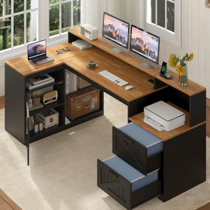 65" Farmhouse Computer Desk with Drawers and Printer Stand for Home Office - color: Brown and Black